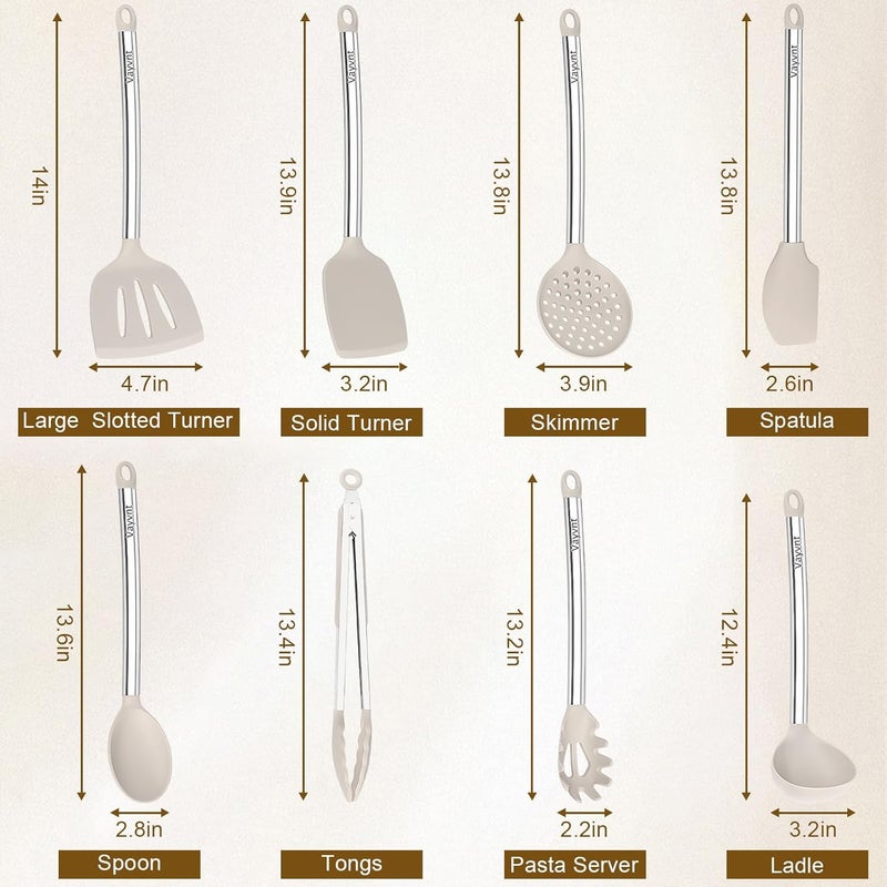 Vayvnt 8 Pieces Kitchen Utensils Set, Silicone Cooking Utensils Set for Non-Stick Cookware, Stainless Steel Handle, Heat Resistant Kitchen Gadgets Includes Large Spatula Tongs, Dishwasher Safe, Khaki - Image 2