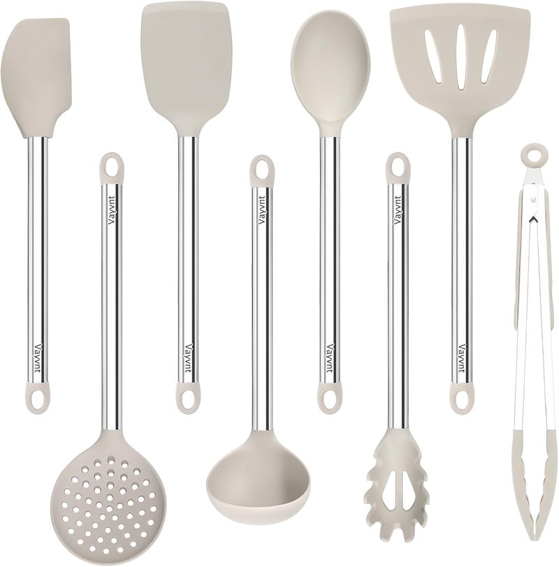 Vayvnt 8 Pieces Kitchen Utensils Set, Silicone Cooking Utensils Set for Non-Stick Cookware, Stainless Steel Handle, Heat Resistant Kitchen Gadgets Includes Large Spatula Tongs, Dishwasher Safe, Khaki - Image 1