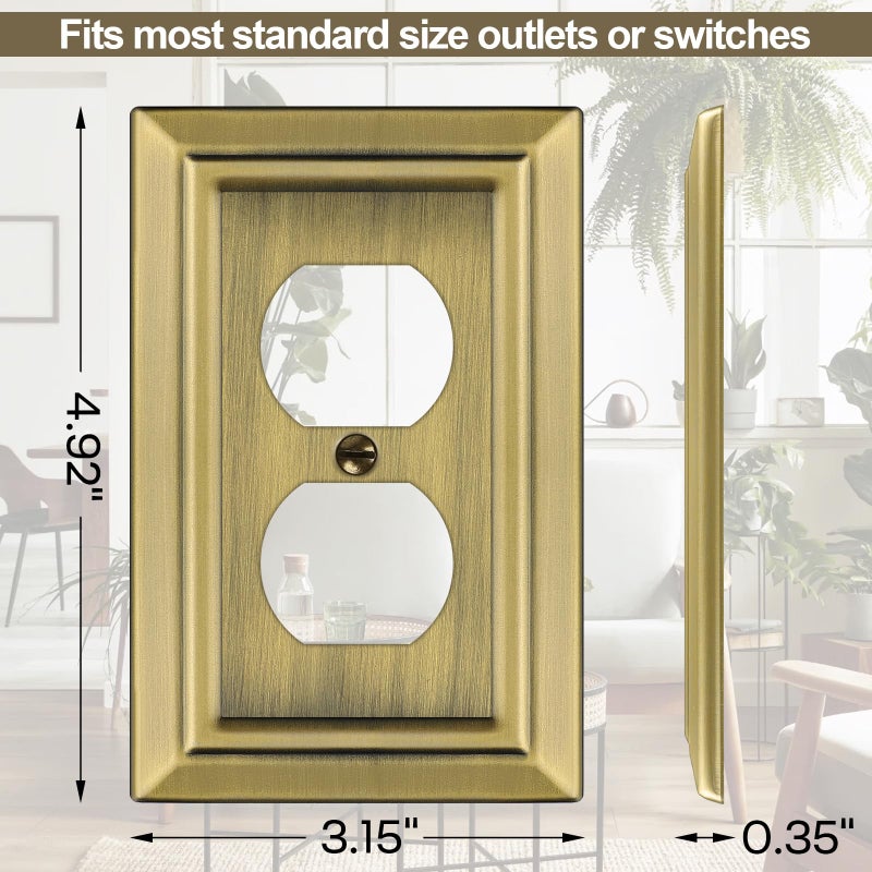 Dyekou Metal Wall Plate for Electrical Outlets, Decorative Antique Brass Switch Plates Outlet Cover, Light Switch Cover Plate, 1-Gang Wall Plates (Duplex Outlet, 6 Pack) - Image 4
