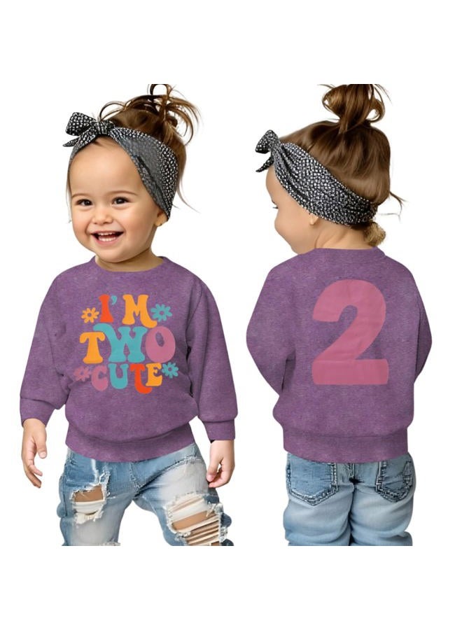 KEKEMI Birthday Sweatshirt for Toddler Girl I'M TWO CUTE Birthday Girl Outfit 2T B-Day Party Long Sleeve Shirt Cute Fall Tops, Purple, 2 Years - Image 1