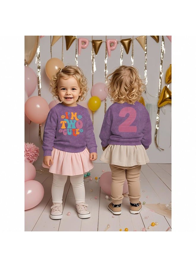KEKEMI Birthday Sweatshirt for Toddler Girl I'M TWO CUTE Birthday Girl Outfit 2T B-Day Party Long Sleeve Shirt Cute Fall Tops, Purple, 2 Years - Image 3