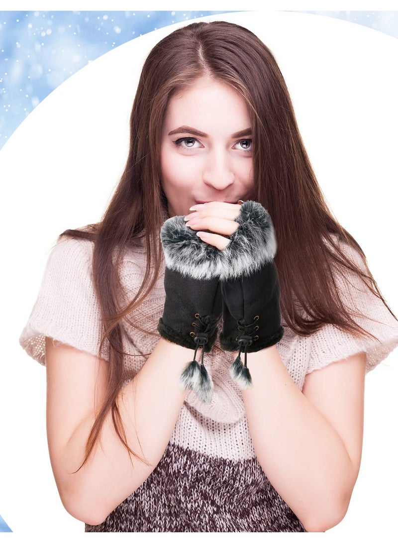 Excefore Fingerless Fur Gloves, Winter Rabbit Fur Half finger Mittens for Women Girls Teen Working Writing, 2 Pairs - Image 5