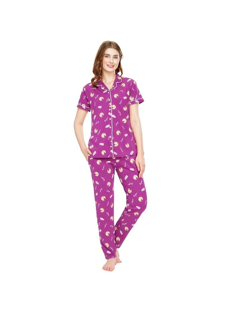 Accessorize Kingdom Night Suit for Women's Cookies & Cup Printed Cotton Night Dress of Shirt and Pajama Set  - Image 1