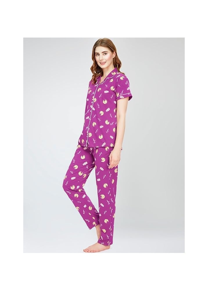 Accessorize Kingdom Night Suit for Women's Cookies & Cup Printed Cotton Night Dress of Shirt and Pajama Set  - Image 3