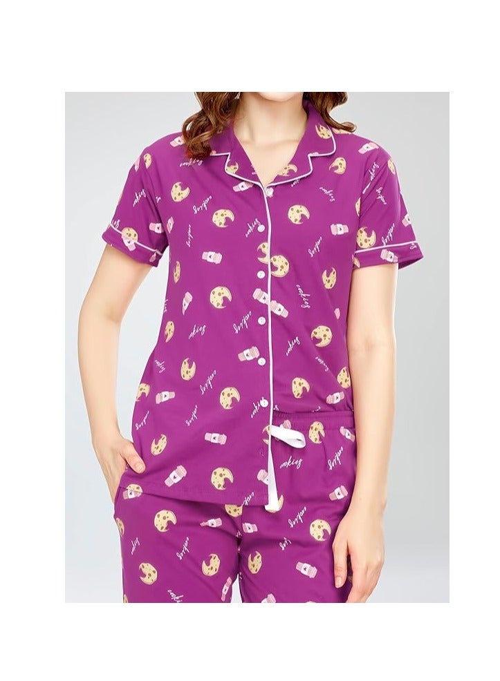 Accessorize Kingdom Night Suit for Women's Cookies & Cup Printed Cotton Night Dress of Shirt and Pajama Set  - Image 5