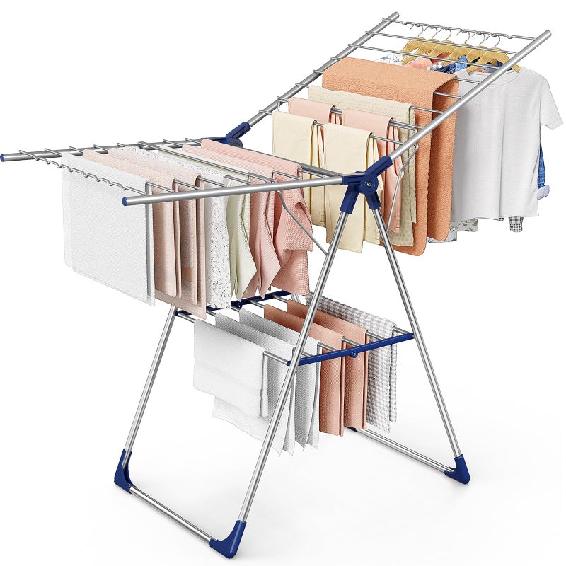 Sakugi Clothes Drying Rack with Height-Adjustable Wings, Metal Foldable Laundry Dryer Stand for Clothing & Bedding, Free-Standing Collapsible for Indoor & Outdoor Use, 55.5" L Ã— 22.8" W, Silver Blue - Image 1
