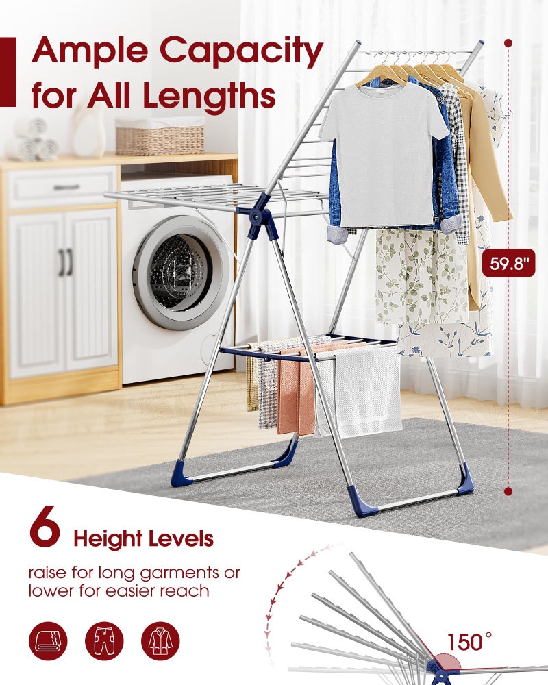 Sakugi Clothes Drying Rack with Height-Adjustable Wings, Metal Foldable Laundry Dryer Stand for Clothing & Bedding, Free-Standing Collapsible for Indoor & Outdoor Use, 55.5" L Ã— 22.8" W, Silver Blue - Image 2