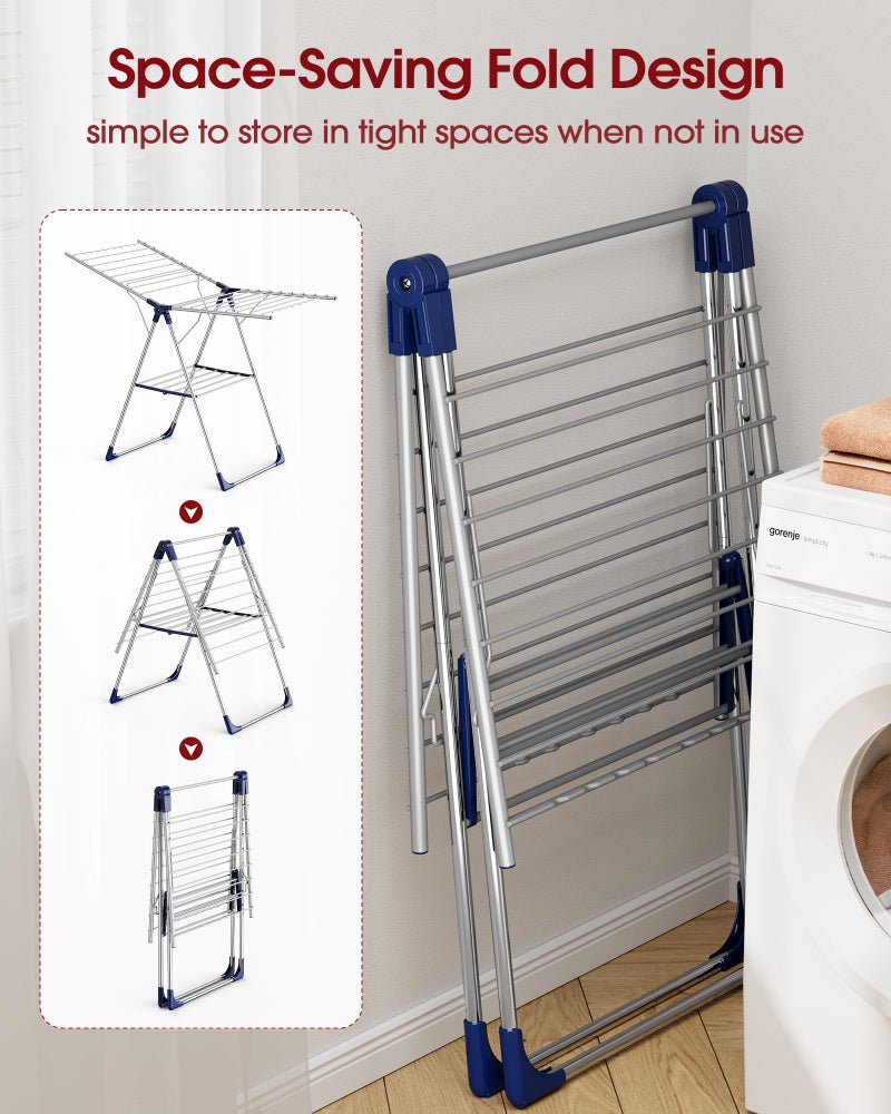 Sakugi Clothes Drying Rack with Height-Adjustable Wings, Metal Foldable Laundry Dryer Stand for Clothing & Bedding, Free-Standing Collapsible for Indoor & Outdoor Use, 55.5" L Ã— 22.8" W, Silver Blue - Image 4