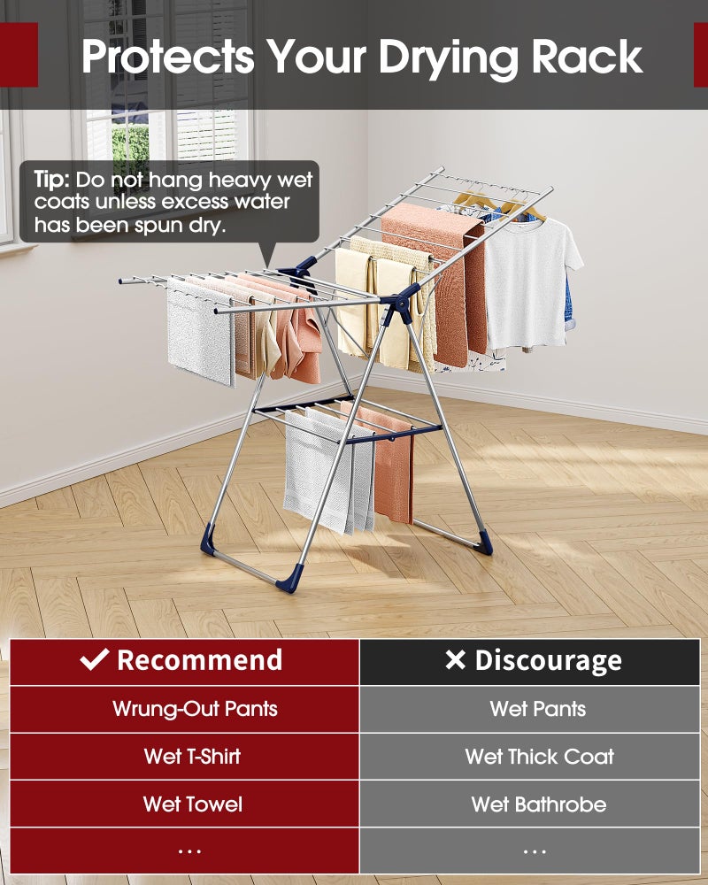 Sakugi Clothes Drying Rack with Height-Adjustable Wings, Metal Foldable Laundry Dryer Stand for Clothing & Bedding, Free-Standing Collapsible for Indoor & Outdoor Use, 55.5" L Ã— 22.8" W, Silver Blue - Image 5