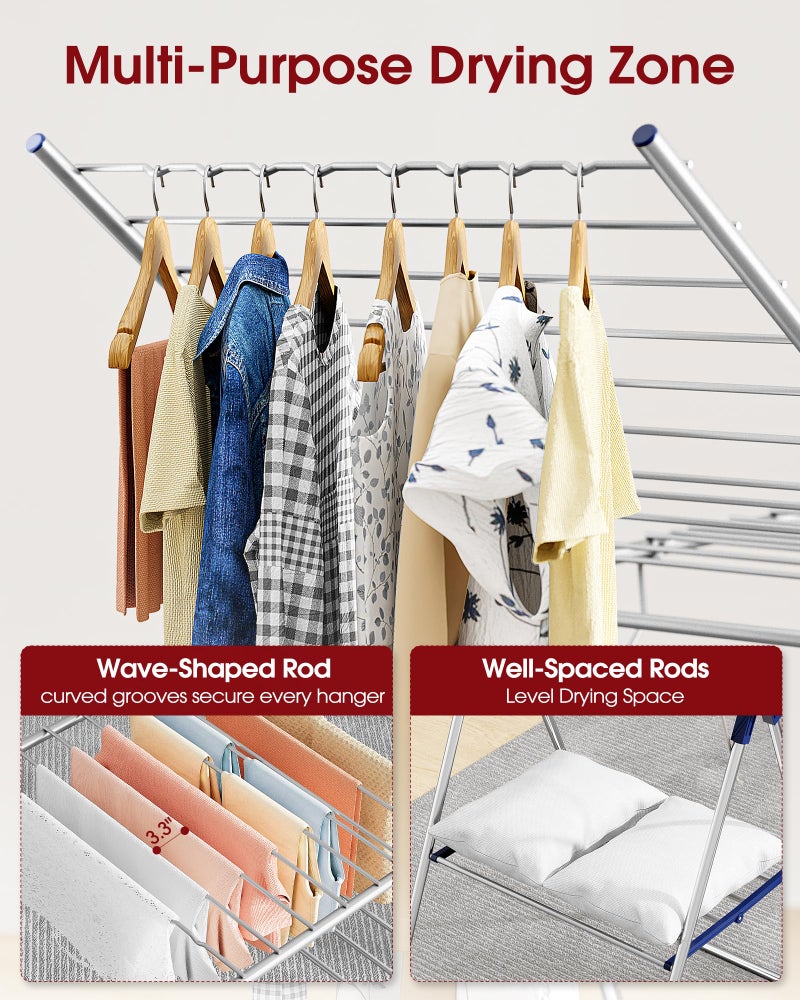 Sakugi Clothes Drying Rack with Height-Adjustable Wings, Metal Foldable Laundry Dryer Stand for Clothing & Bedding, Free-Standing Collapsible for Indoor & Outdoor Use, 55.5" L Ã— 22.8" W, Silver Blue - Image 3