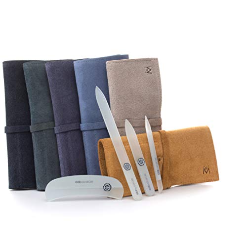 GERMANIKURE Gray Crystal Glass Nail File Set in Light Blue Suede Case Handmade in Czech Republic Professional Manicure Pedicure Supplies Glass Cuticle Stick Pusher Moon File - Image 5