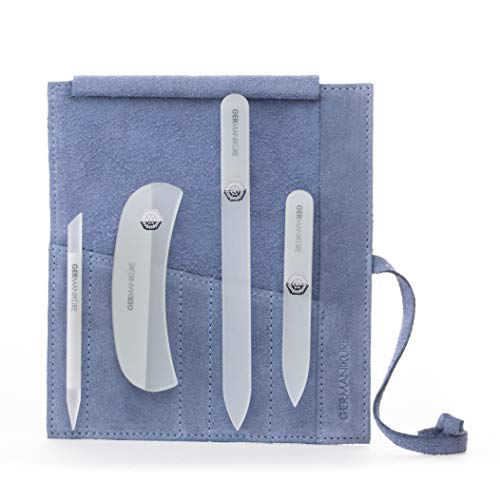 GERMANIKURE Gray Crystal Glass Nail File Set in Light Blue Suede Case Handmade in Czech Republic Professional Manicure Pedicure Supplies Glass Cuticle Stick Pusher Moon File - Image 2