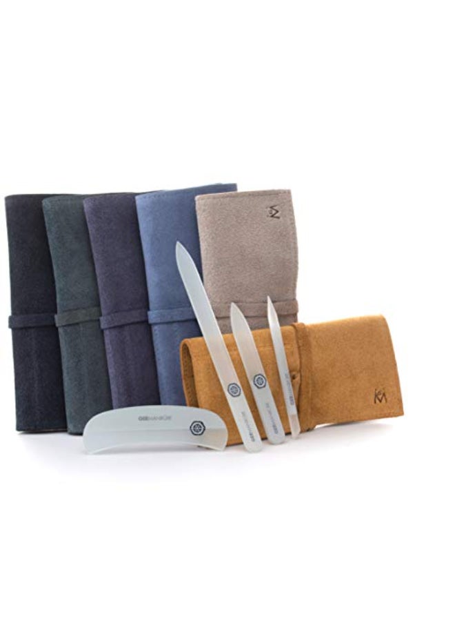GERMANIKURE Gray Crystal Glass Nail File Set in Light Blue Suede Case Handmade in Czech Republic Professional Manicure Pedicure Supplies Glass Cuticle Stick Pusher Moon File - Image 4