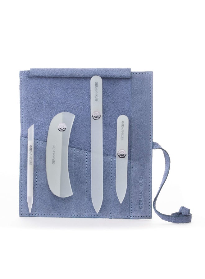 GERMANIKURE Gray Crystal Glass Nail File Set in Light Blue Suede Case Handmade in Czech Republic Professional Manicure Pedicure Supplies Glass Cuticle Stick Pusher Moon File - Image 3