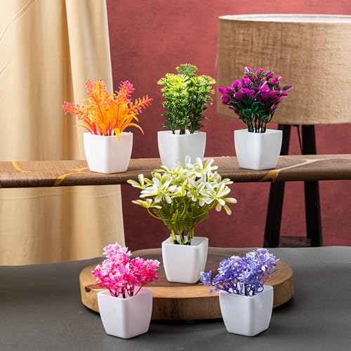 JH Gallery Artificial Flower Pot - Home Decor, Indoor Plants for Home, Decorative Items for Office, Artificial Plants for Decoration, Plastic Flowers for Home Decor (Pack of 6) - Image 1