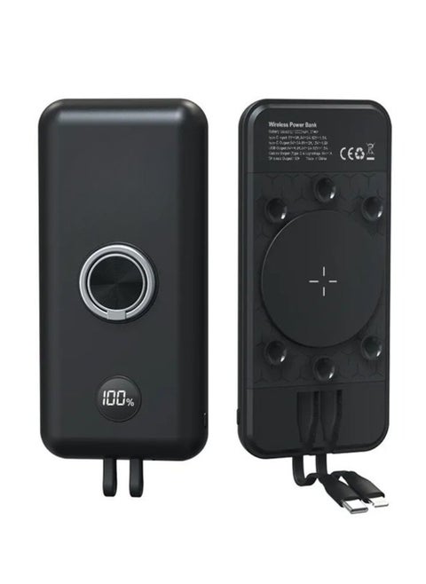 Built-in cables Power Bank with suction cups and ring holder & LED display, type C / lightning / USB outlet and extra cable cord - 10000mAh - PB16.