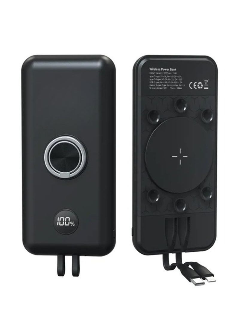 Built-in cables Power Bank with suction cups and ring holder & LED display, type C / lightning / USB outlet and extra cable cord - 10000mAh - PB16.