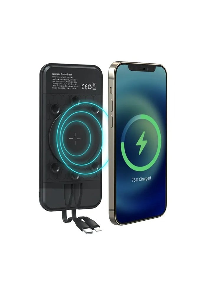 Built-in cables Power Bank with suction cups and ring holder & LED display, type C / lightning / USB outlet and extra cable cord - 10000mAh - PB16.