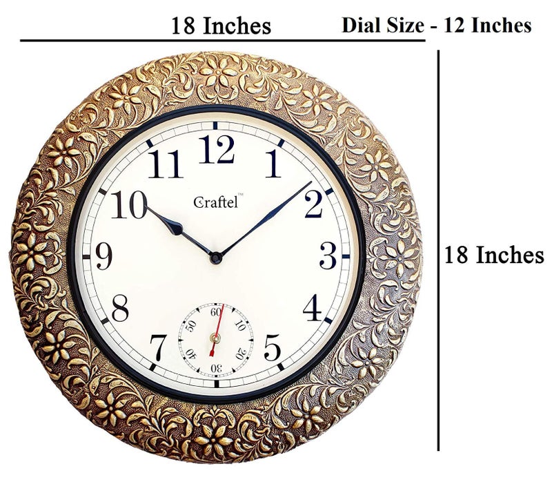 Craftel Brass Embossed Analog Clock Wall Clock Round Classic Clock for Living Room Home and Office (18 x 18 inch, Brown) - Image 3