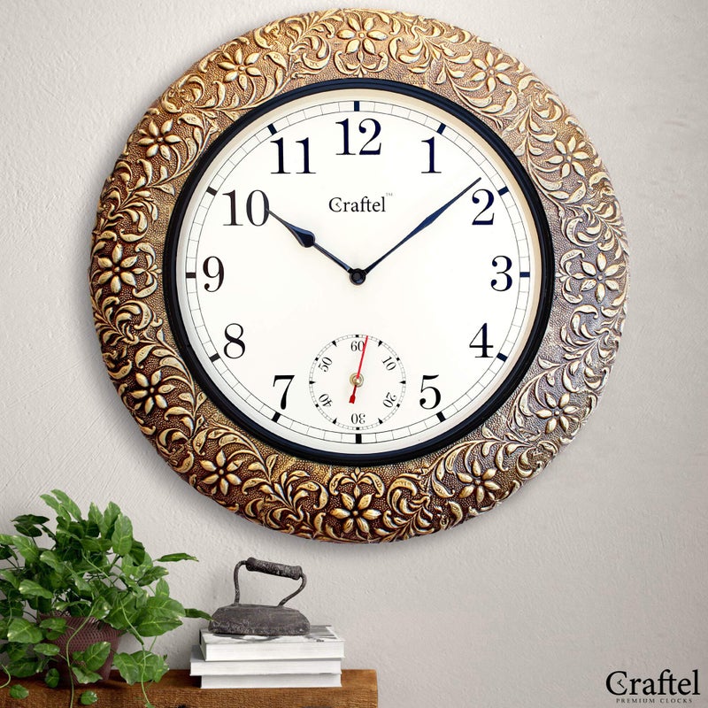 Craftel Brass Embossed Analog Clock Wall Clock Round Classic Clock for Living Room Home and Office (18 x 18 inch, Brown) - Image 4
