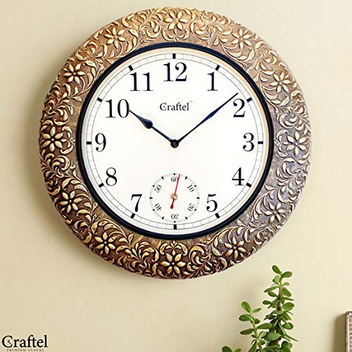 Craftel Brass Embossed Analog Clock Wall Clock Round Classic Clock for Living Room Home and Office (18 x 18 inch, Brown) - Image 5
