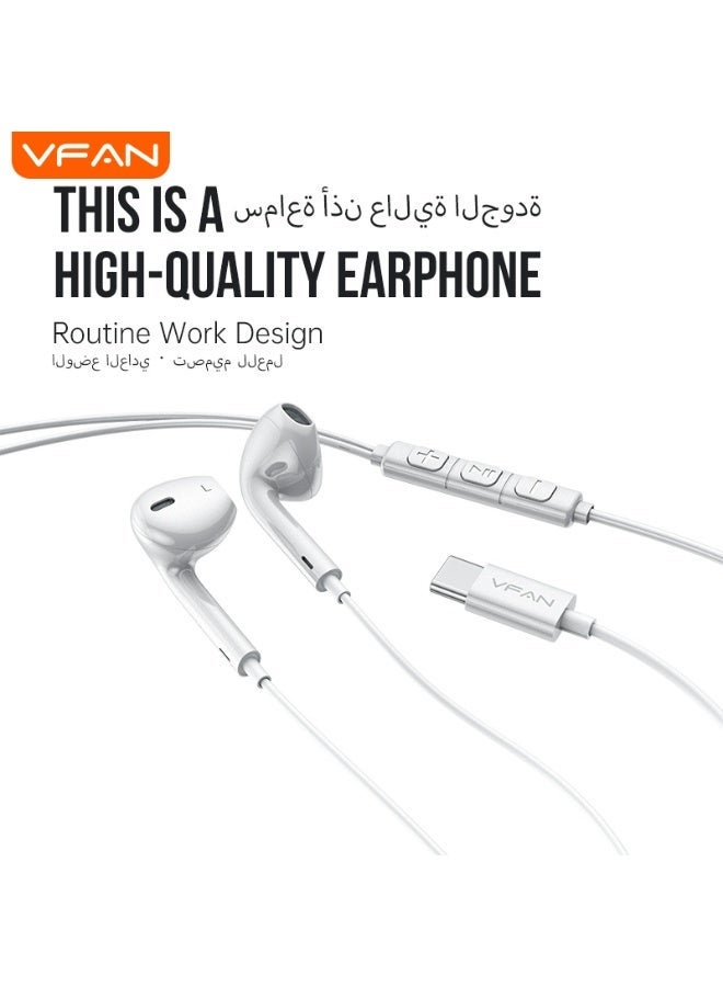 VFAN [DAC Chip] VFAN M20 USB-C Wired Earphones for iPhone 15/16 & Samsung S24/S23 - Hi-Res Audio Headset with Clear Mic & Volume Control - No Latency Gaming & Calls (White) - Image 1