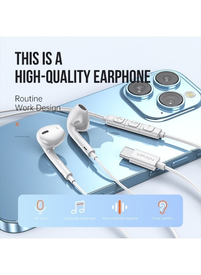 VFAN [DAC Chip] VFAN M20 USB-C Wired Earphones for iPhone 15/16 & Samsung S24/S23 - Hi-Res Audio Headset with Clear Mic & Volume Control - No Latency Gaming & Calls (White) - Image 2