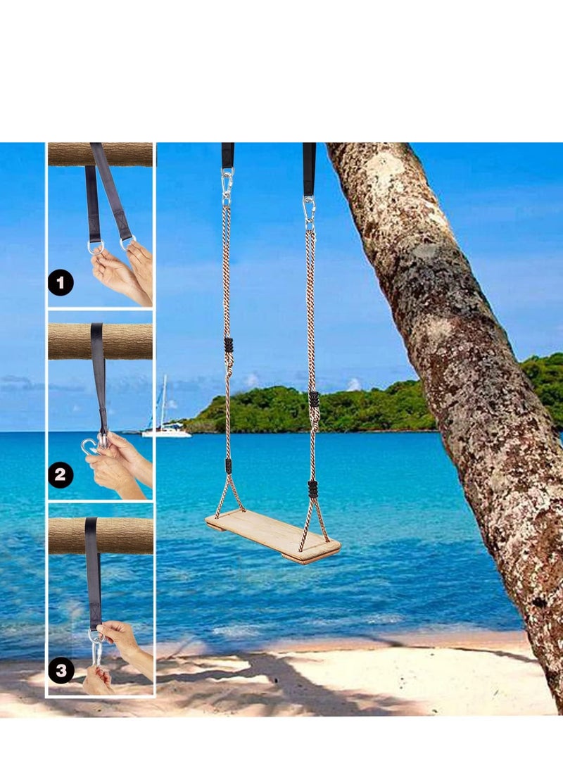 مقعد أرجوحة خشبية، إكسسوارات مجموعة أرجوحة خارجية للفناء الخلفي، حبل قابل للتعديل الارتفاع مع مجموعة أشرطة شجرة معلقة للشرفة حديقة حديقة اللعب (أصفر فاتح) - Image 4