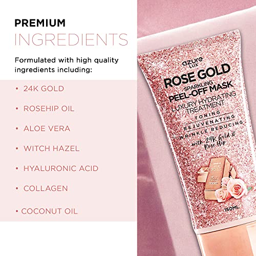 Azure Cosmetics Rose Gold Sparkling Peel-Off Face Mask – Luxury Hydrating & Firming Skincare with 24K Gold & Rose Hip Oil – Helps Reduce Fine Lines, Tone Skin & Improve Texture – 150 ml - Image 2