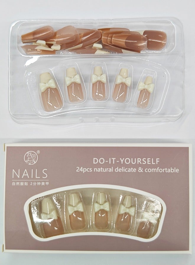 NIBEMINENT 24Pcs Fake Nails, Press Nails In Box,Long-length Flat head shaped Solid Skin White Color Shiny Nail Art,Bow knot,Fake Nail Patch - Image 2