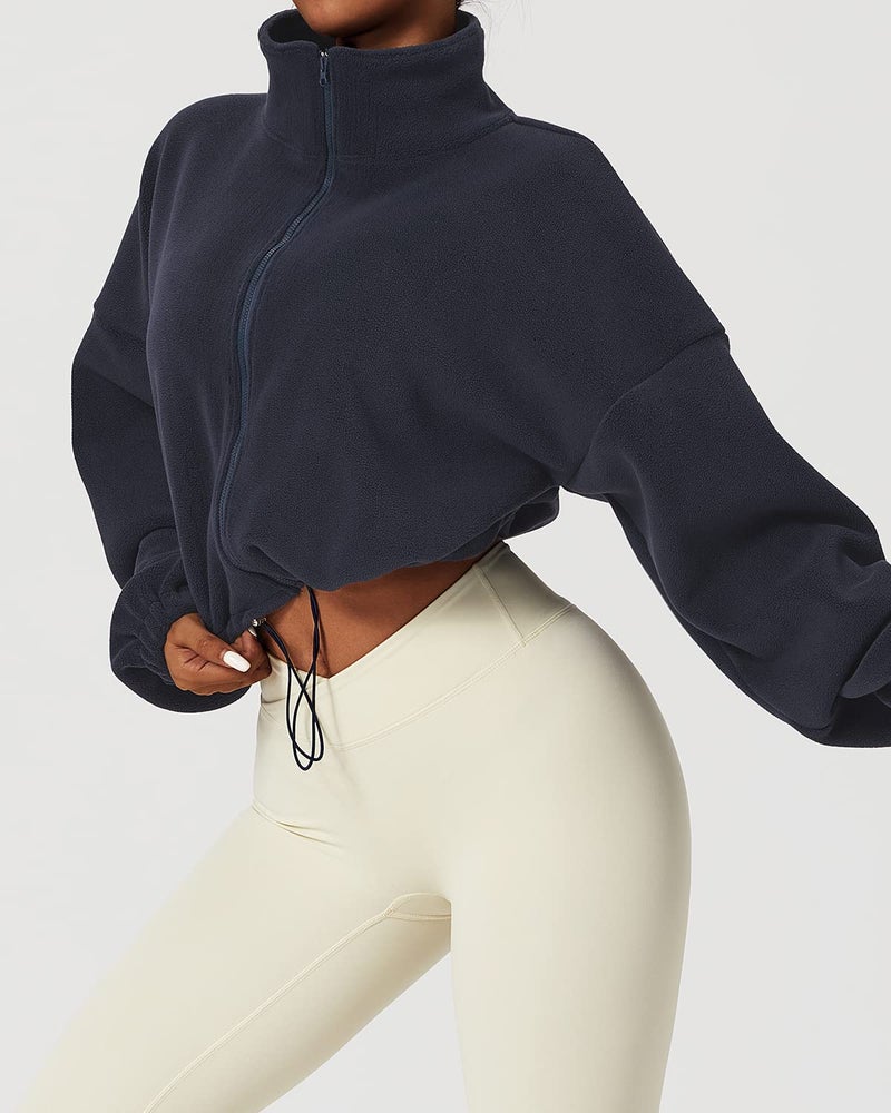 QINSEN Women's Full Zip Fleece Jacket Stand Collar Winter Warm Cropped Outwear Baggy Sherpa Short Coat Navy M - Image 5
