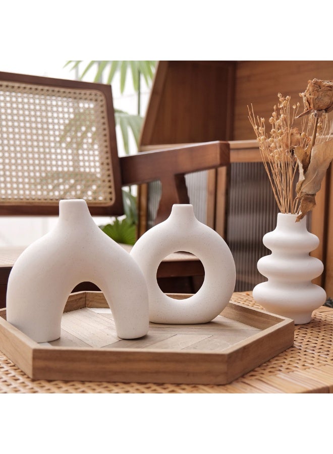 هومستر السيراميك دونات زهرية مجموعة من 3 للديكور المنزلي الحديث، الحد الأدنى جولة قطع المركزية، فريدة من نوعها محايدة بوهو لغرفة المعيشة، موقف التلفزيون، غرفة الطعام، ديكور طاولة العشاء الأبيض - Image 1