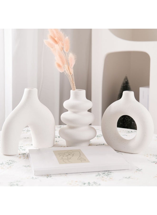 هومستر السيراميك دونات زهرية مجموعة من 3 للديكور المنزلي الحديث، الحد الأدنى جولة قطع المركزية، فريدة من نوعها محايدة بوهو لغرفة المعيشة، موقف التلفزيون، غرفة الطعام، ديكور طاولة العشاء الأبيض - Image 3