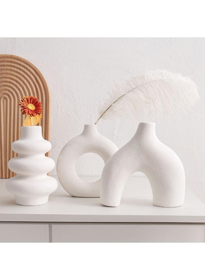 هومستر السيراميك دونات زهرية مجموعة من 3 للديكور المنزلي الحديث، الحد الأدنى جولة قطع المركزية، فريدة من نوعها محايدة بوهو لغرفة المعيشة، موقف التلفزيون، غرفة الطعام، ديكور طاولة العشاء الأبيض - Image 5