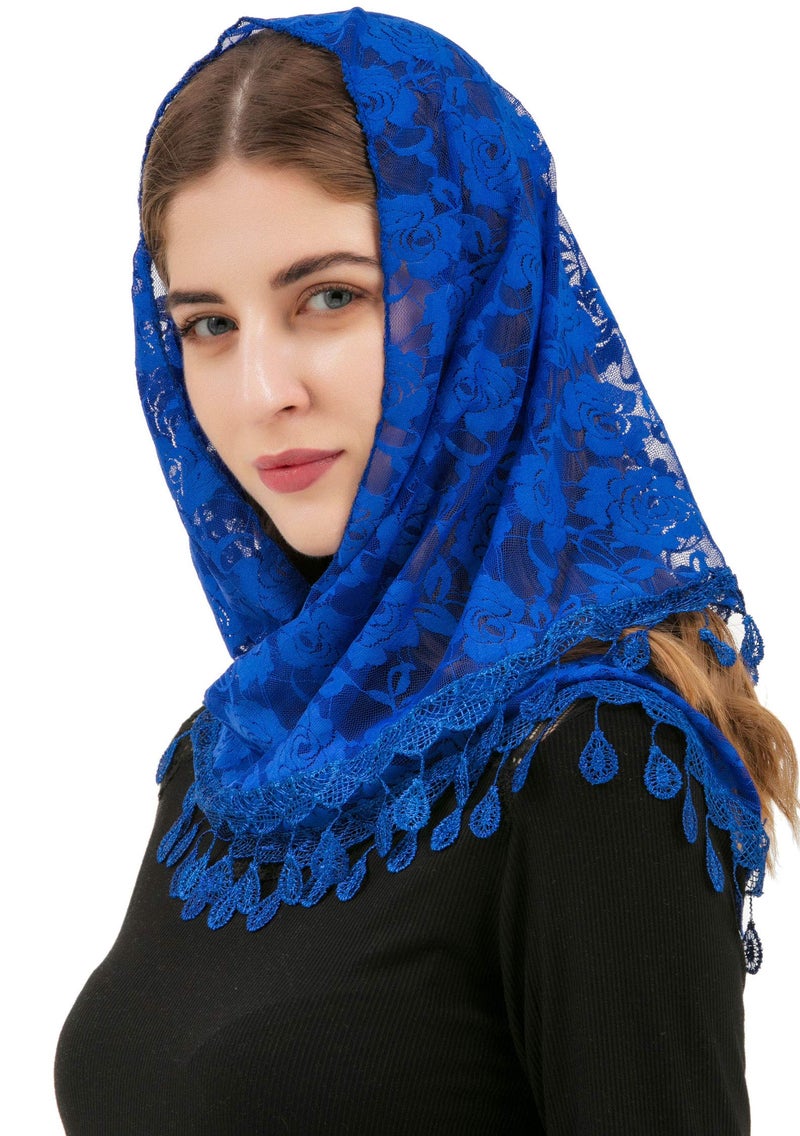 PAMOR Mass Veil Triangle Mantilla Cathedral Head Covering Chapel Veil Lace Shawl Latin Scarf (Blue) - Image 1