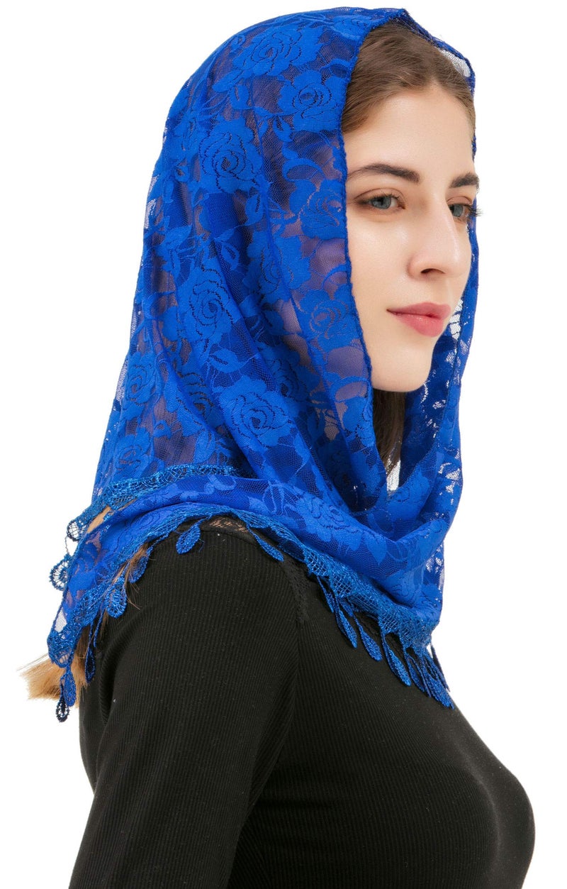 PAMOR Mass Veil Triangle Mantilla Cathedral Head Covering Chapel Veil Lace Shawl Latin Scarf (Blue) - Image 2