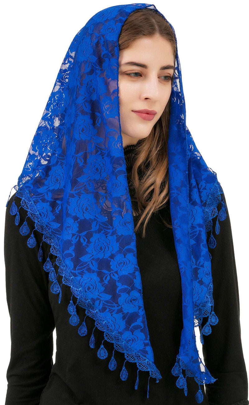 PAMOR Mass Veil Triangle Mantilla Cathedral Head Covering Chapel Veil Lace Shawl Latin Scarf (Blue) - Image 3