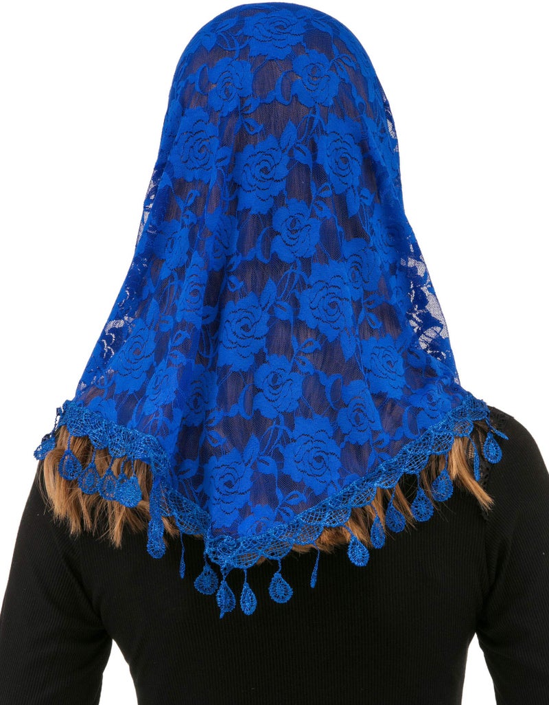 PAMOR Mass Veil Triangle Mantilla Cathedral Head Covering Chapel Veil Lace Shawl Latin Scarf (Blue) - Image 4