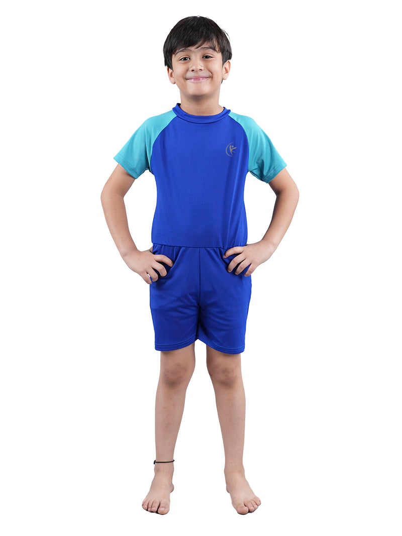 KiddoPanti Boys & Girls Half Sleeve Mid Thigh Length Swim Suit, Royal Blue & Turquoise, 8-10Y - Image 1
