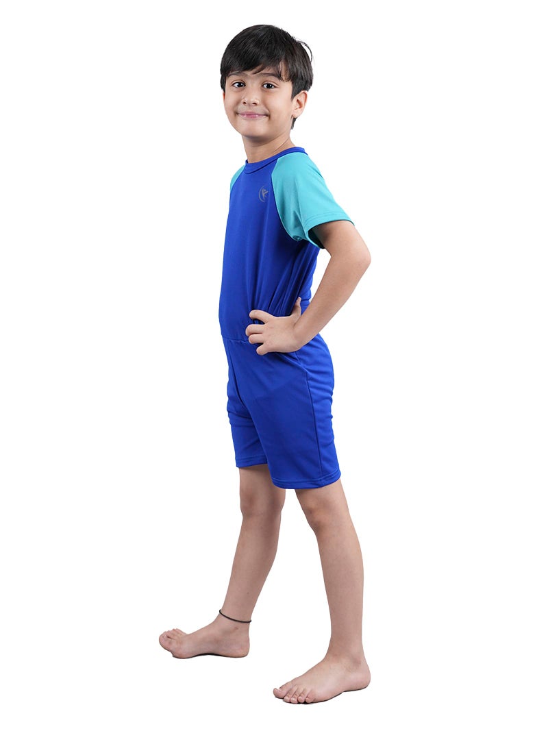 KiddoPanti Boys & Girls Half Sleeve Mid Thigh Length Swim Suit, Royal Blue & Turquoise, 8-10Y - Image 3