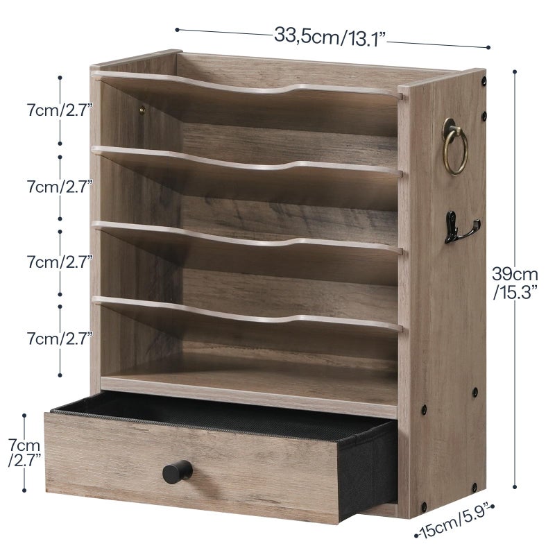 HOOBRO Wall File Organizer, Mail Organizer Wall Mounted, Wooden Mail Sorter, Construction Paper Holder with Drawer Storage and 2 Hooks, for Office, Classroom, Home, Greige BG14WF01 - Image 3