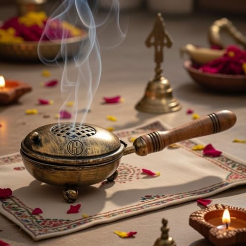 DSH Charcoal Incense Burner, Loban Burner With Handle, Dhoop Dhuni Burner Sambrani Dhoop, Resin & Home Office Temple Prayer Butler(Round) - Image 1