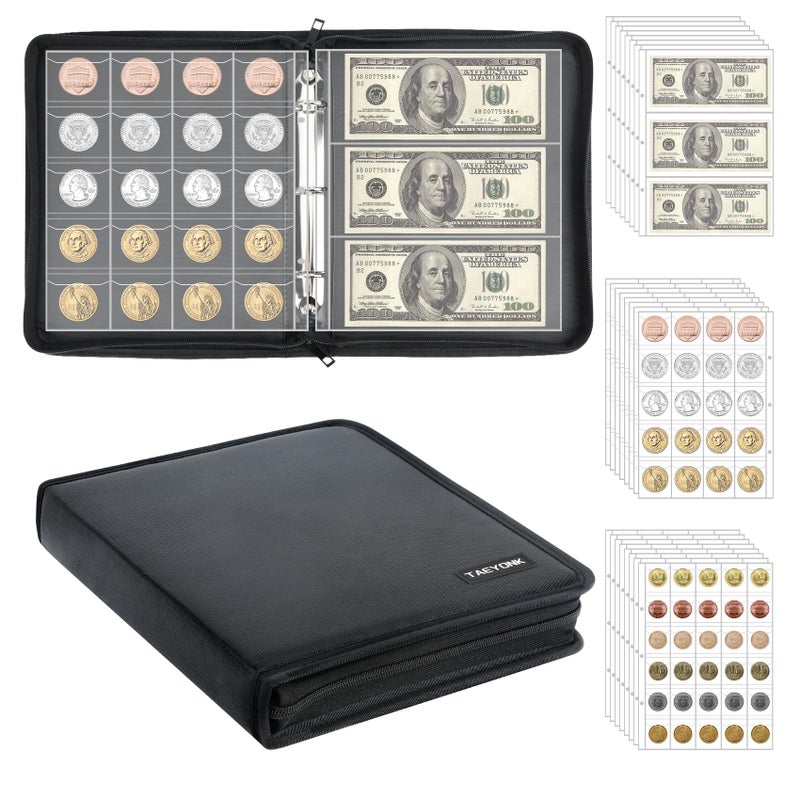 TAEYONK Coin Collection Book Holder for Collectors, 520 Pockets Fireproof Coins Collecting Album & 36 Sleeves Money Storage Case for Coin Currency Collection Supplies, Bill, Pennies, Quarters, Stamp - Image 1