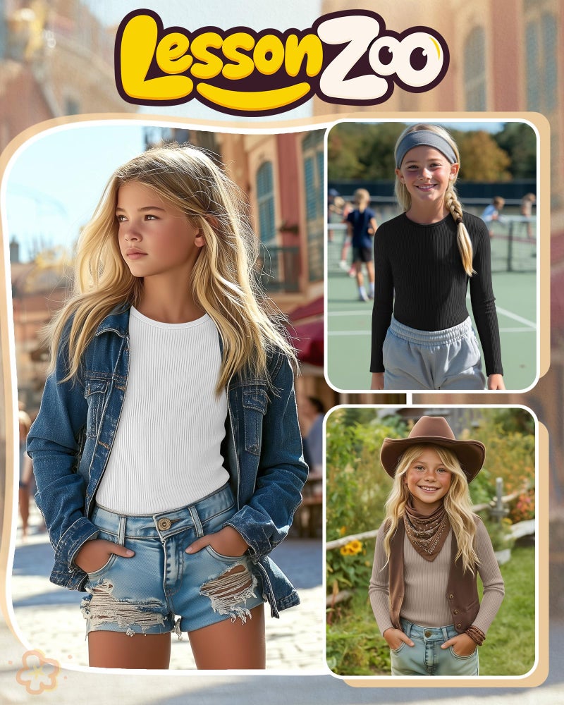 LessonZoo 3 Pack Girls Long Sleeve Shirts Ribbed Knit Cotton Layering Tops Slim Fit Crewneck Casual Undershirts(Black, White, Khaki,9-10 Years) - Image 2