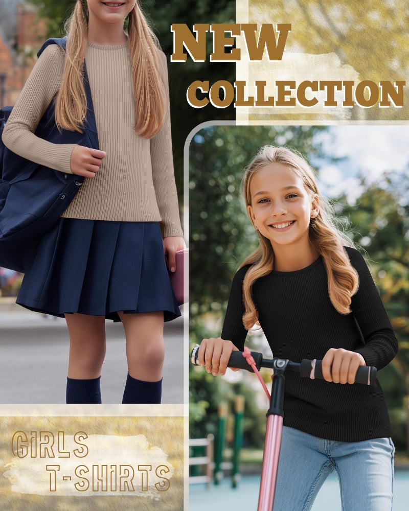 LessonZoo 3 Pack Girls Long Sleeve Shirts Ribbed Knit Cotton Layering Tops Slim Fit Crewneck Casual Undershirts(Black, White, Khaki,9-10 Years) - Image 3