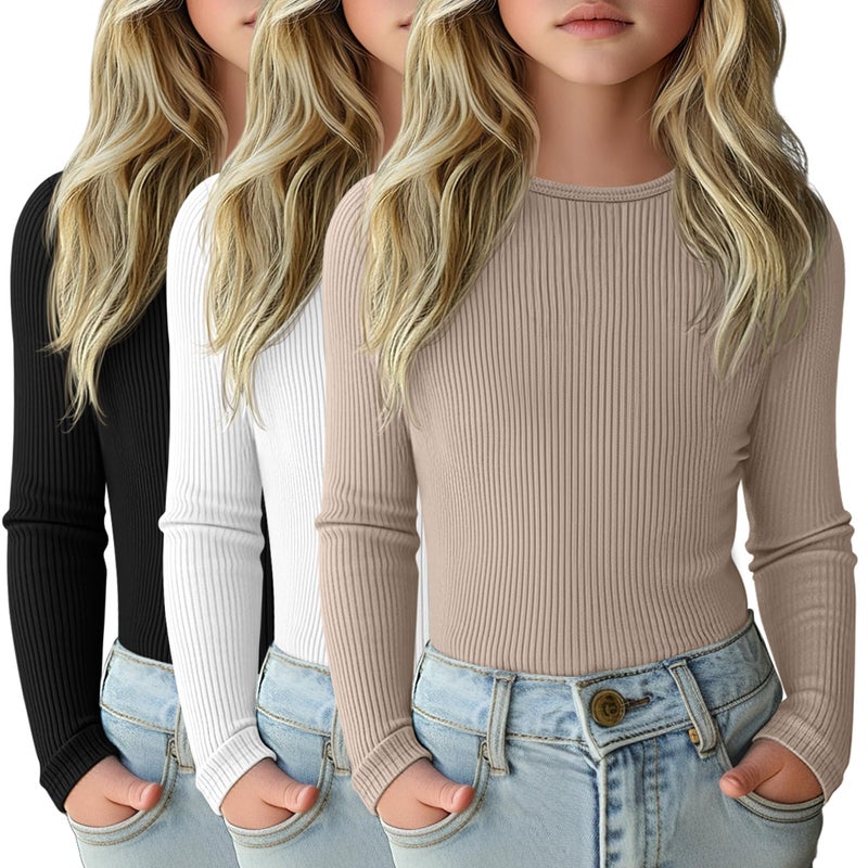LessonZoo 3 Pack Girls Long Sleeve Shirts Ribbed Knit Cotton Layering Tops Slim Fit Crewneck Casual Undershirts(Black, White, Khaki,9-10 Years) - Image 1