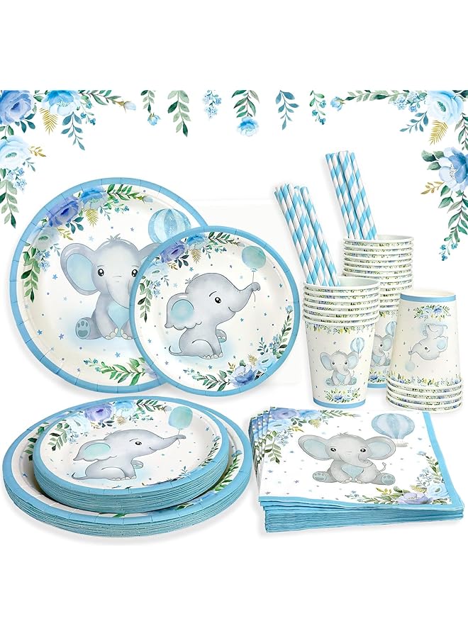 كاست ويف مجموعة أطباق استحمام الطفل على شكل فيل صغير، ديكورات لـ 16 ضيفًا، أطباق ورقية ومناديل وأكواب وقش وأدوات مائدة للاستخدام مرة واحدة، مستلزمات حفلات أعياد الميلاد ذات الطابع الزهري الأزرق - Image 1