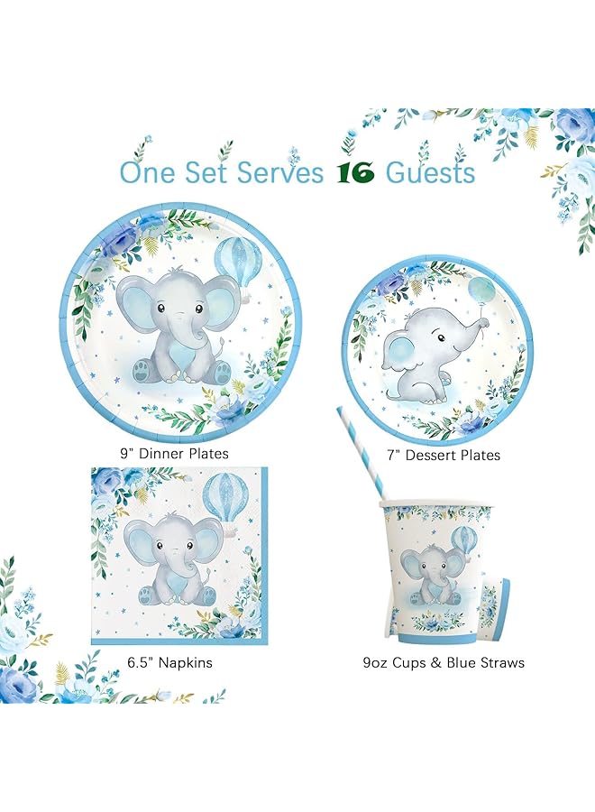 كاست ويف مجموعة أطباق استحمام الطفل على شكل فيل صغير، ديكورات لـ 16 ضيفًا، أطباق ورقية ومناديل وأكواب وقش وأدوات مائدة للاستخدام مرة واحدة، مستلزمات حفلات أعياد الميلاد ذات الطابع الزهري الأزرق - Image 2