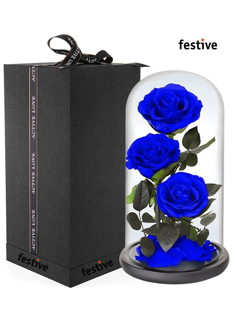 Generic Large-size Forever Blue Rose, Real Eternal Rose in Glass Dome Preserved Flower with Luxury Gift Box - Gift for Valentine's Day Mother's Day Wedding Anniversary Birthday (Three Roses)  - Image 1
