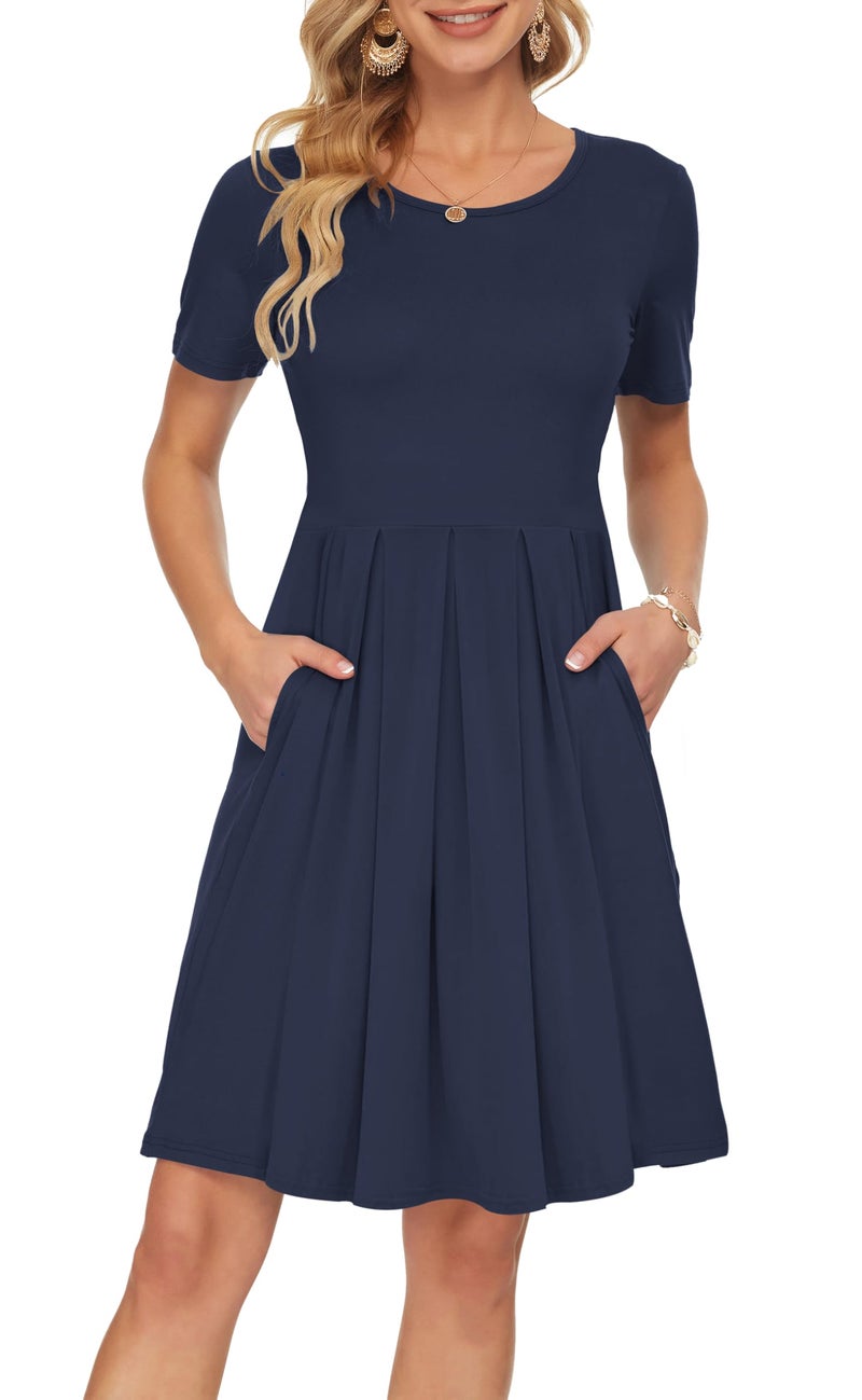 AUSELILY Women's Short Sleeve Summer Dress Pleated Loose Swing Knee Length Dresses with Pockets 2026 New (S, Navy Blue) - Image 1